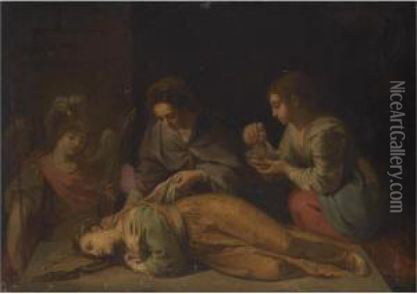 Saint Cecilia, Tended By Her Guardian Angel, Recovering From Three Blows Of A Sword Oil Painting - Raffaello Vanni
