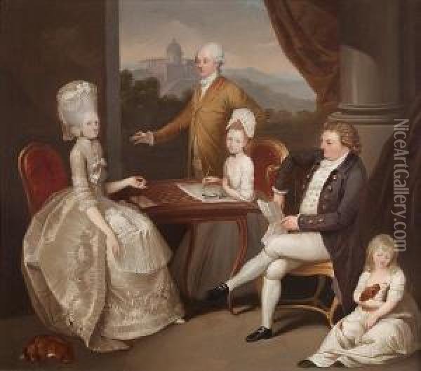 Portrait Of The Hon. Aubrey Beauclerk And Hisfamily, In An Elegant Interior, A View To The Castel Gandolfobeyond Oil Painting - Franciszek Smuglewicz