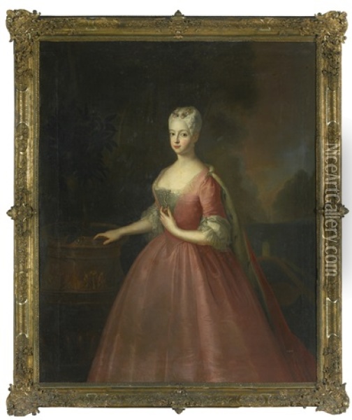 Portrait Of Friederike Luise, Margravine Of Ansbach (1714 - 1784), Three-quarter Length, Wearing A Pink Dress And Standing In A Walled Garden Oil Painting - Antoine Pesne