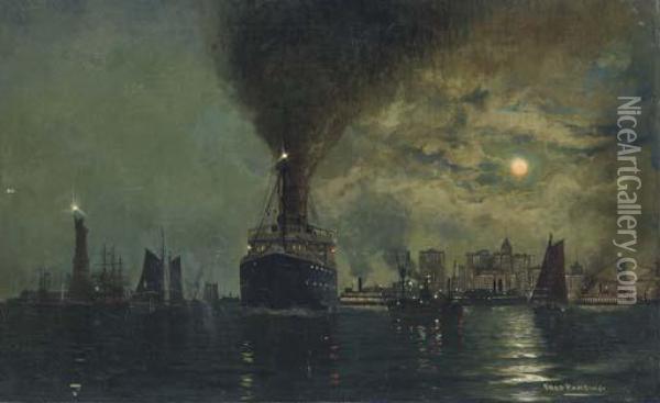 A North German Lloyd Ship Passing The Statue Of Liberty In New York Harbor At Moonlight Oil Painting - Fred Pansing