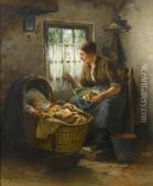 Mother And Child In An Interior Oil Painting - Johannes Weiland