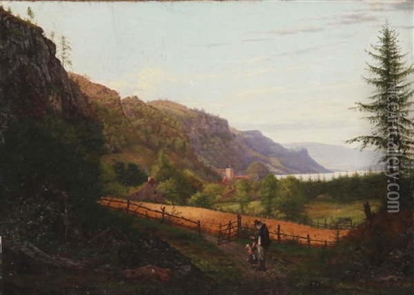 Landscape From The Southern Germany With A Child And A Man Standing On A Forest Trail In The Foreground Oil Painting - Georg Emil Libert