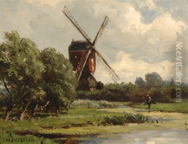 Mill And Trees By A Lake Oil Painting - Jan Willem Van Borselen