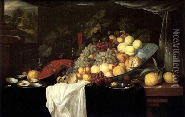 Elaborate Still Life Of Fruit With A Lobster And Oysters, A Landscape Beyond Oil Painting - Andrea Benedetti