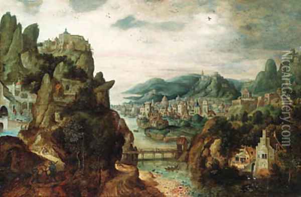 A panoramic mountain landscape, with an extensive town by a river, Christ with Cleopas and Peter on the Way to Emmaus in the foreground, and the subse Oil Painting - Herri met de Bles