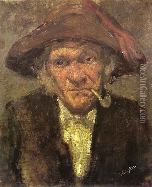 Head of an Old Man Smoking Oil Painting - James Abbott McNeill Whistler