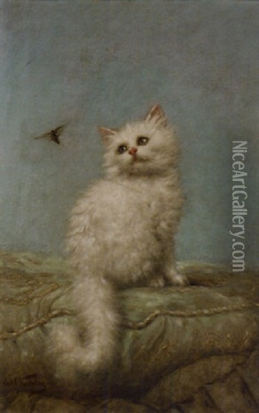 White Angora With A Bee Oil Painting - Carl Kahler