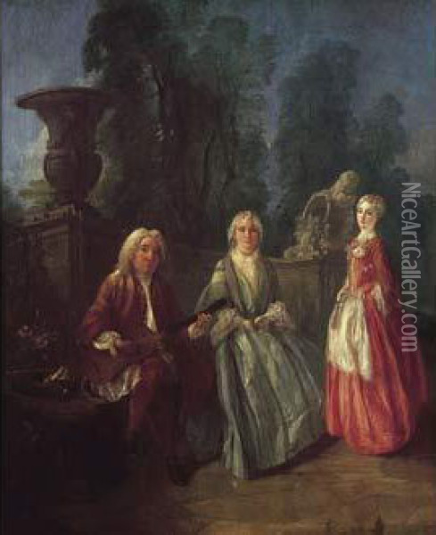 Portrait De Famille Dans Un Parc. Oil Painting - Jacques de Lajoue
