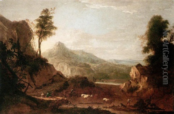 A Mountainous Landscape With Rustics In The Foreground Oil Painting - Benjamin (of Bath) Barker