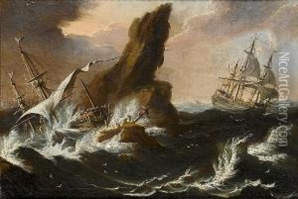 A Rocky Coastline With A Ship Foundering In Stormy Seas Oil Painting - Matthieu Van Plattenberg