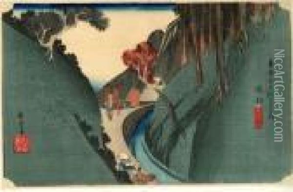 Les 53 Stations Du Tokaido, Okabe, Utsu-no-yama Oil Painting - Utagawa or Ando Hiroshige