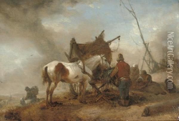 A Peasant Attending A Horse In A Dune Landscape Oil Painting - Pieter Wouwermans or Wouwerman