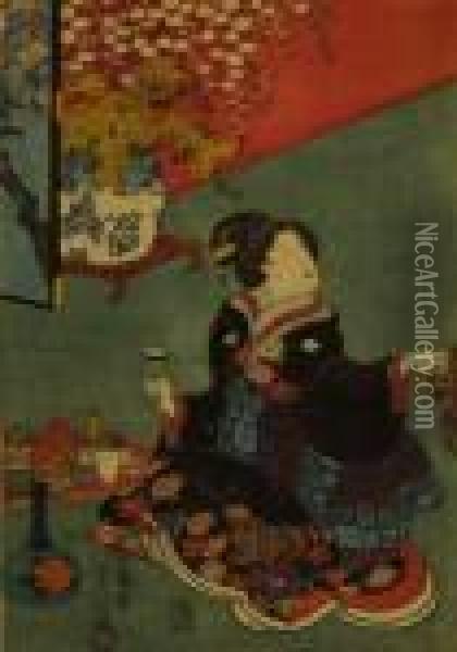 Dame Assise, Une Coupe Bleue A La Main Oil Painting - Kunisada