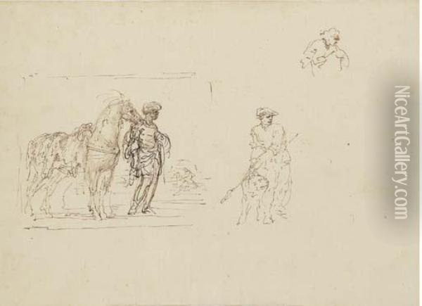 A Moor Holding A Horse Saddled 
With A Leopard Skin And Studies Of Afigure Holding A Dog And Another 
Figure Oil Painting - Stefano della Bella