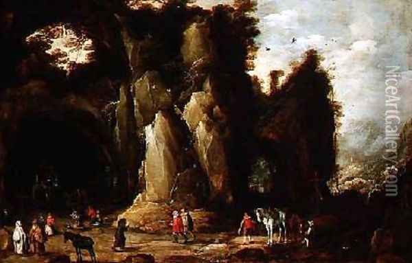 Pilgrims in a rocky grotto Oil Painting - Josse de Momper