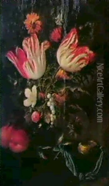 Vase Fleuri De Tulipes Et De Muguet Et Montre               Disposes Sur Un Entablement Oil Painting - Jan Pauwel Gillemans The Elder