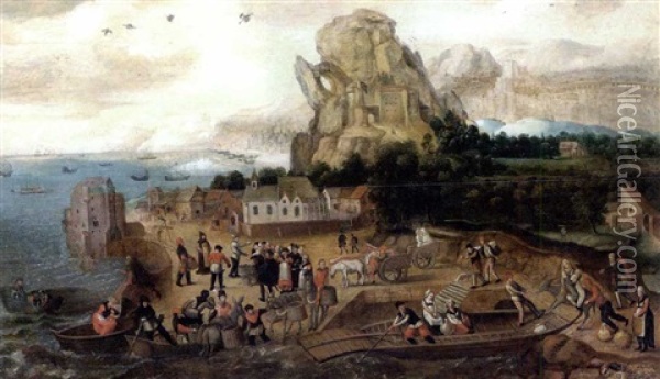 Landschaft Mit Hafen Und Maria Auf Der Flucht Oil Painting - Abel Grimmer