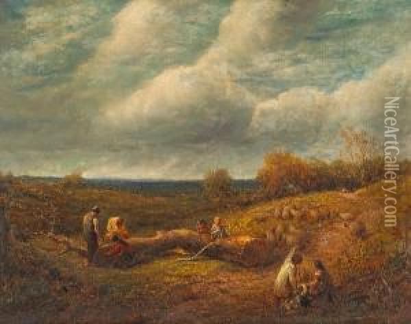 An Extensive Landscape With Woodcutters And A Flock Of Sheep In The Foreground Oil Painting - James Thomas Linnell