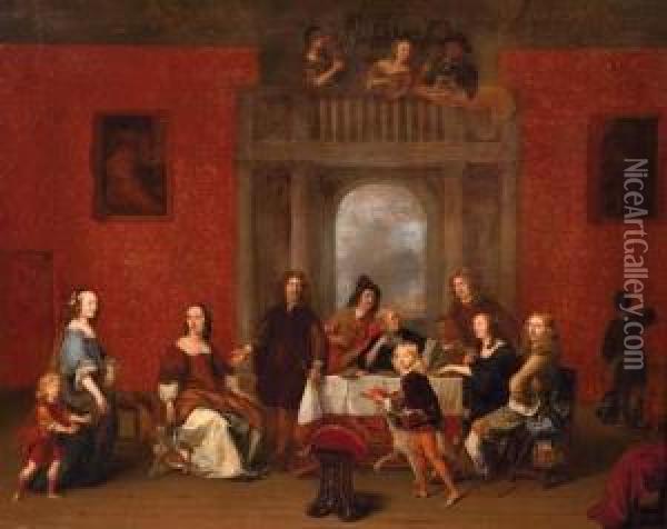 A Group Portrait Of A Family In An Elegant Interior Oil Painting - Gerard Pietersz. Van Zijl