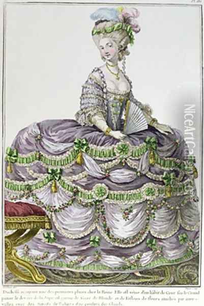 A Duchess at the court of Louis XVI wearing a dress with paniers Oil Painting - Le Clere