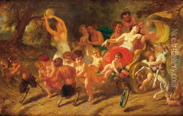 Faunes Et Putti Tirant Le Char Du Desir. Circa 1869 Oil Painting - Pierre Eugene Lacoste