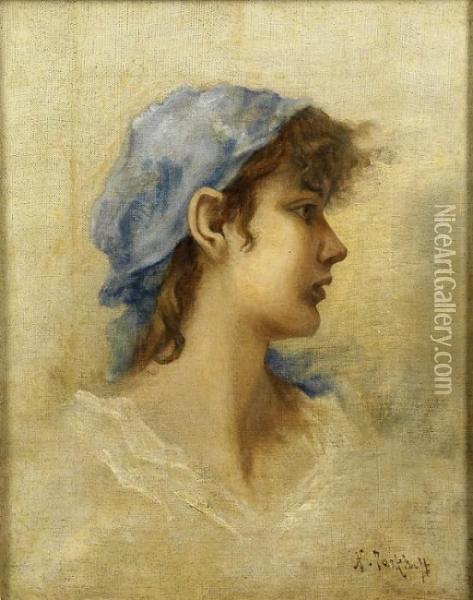 Brustportrait Eines Madchen Mit Blauem Kopftuch Oil Painting - Nicolas Tarkhoff
