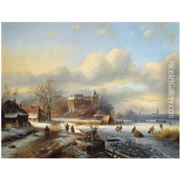A Winter Landscape With Skaters On The Ice, A Town In The Distance Oil Painting - Johanes Petrus van Velzen