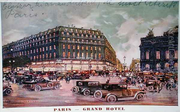 Postcard depicting the Grand Hotel, Cafe de la Paix and the Place de lOpera, Paris, 1929 Oil Painting - Plumereau