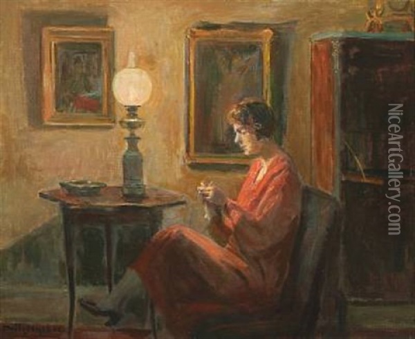 Woman Doing Needlework In The Glow Of The Lamp Oil Painting - Poul Friis Nybo