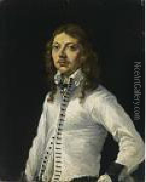 A Portrait Of A Gentleman, Aged 27, Standing Half Length, Wearing A White Shirt Oil Painting - Karel Dujardin