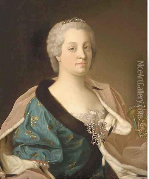 Portrait of the Empress Maria Theresa (1717-1780), half-length, in a fur-lined gown, her crown beside her Oil Painting - Etienne Liotard