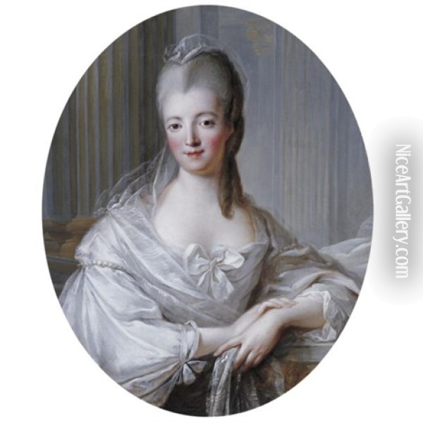 Portrait Of A Young Woman, Wearing A White Dress With A Large Bow Oil Painting - Francois Hubert Drouais