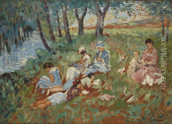 Les Andelys, La Famille Lebasque Au Bord De L'eau Oil Painting - Henri Lebasque
