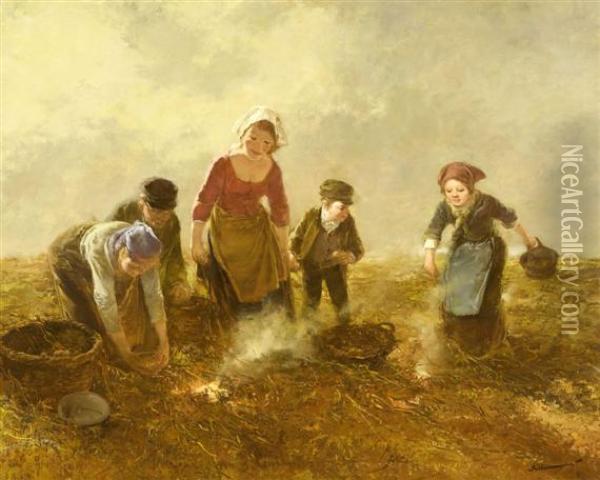 Family At The Potato Harvest Oil Painting - Jakob Furchtegott Dielmann