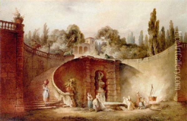 Washerwoman By A Fountain In The Gardens Of The Farnese Palace, Caprarola Oil Painting - Hubert Robert