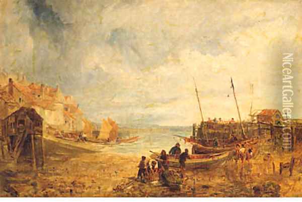 Fisherfolk Unloading The Catch In A Busy Harbour Oil Painting - John Wright Oakes