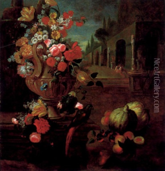 Blumen In Einer Steinernen Prunkvase Mit Fruchten Und Einem Papagei In Einem Schlospark Oil Painting - Abraham Brueghel