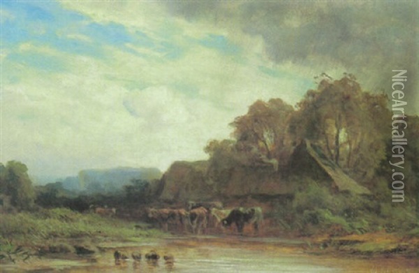 Kuhe An Der Tranke Bei Einem Teich Vor Dem Bauerngehoft Oil Painting - Eduard Schleich the Elder
