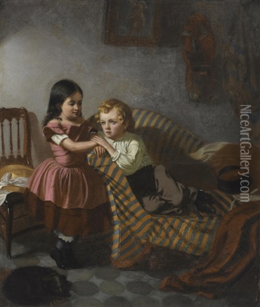 Interior Scene With Boy And Girl Oil Painting - John George Brown