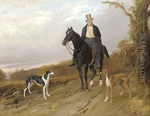 Charles, 2nd Earl of Talbot, on a dark bay hunter, with his greyhounds Top and Tabinet Oil Painting - Richard Ansdell