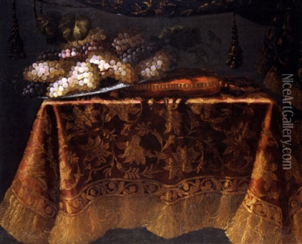 Fruchtestilleben Auf Kissen Und Decke Oil Painting - Antonio Gianlisi