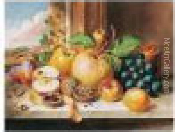 Still Life With Fruit And Walnuts On A Walnut Ledge Oil Painting - Augusta Innes Withers