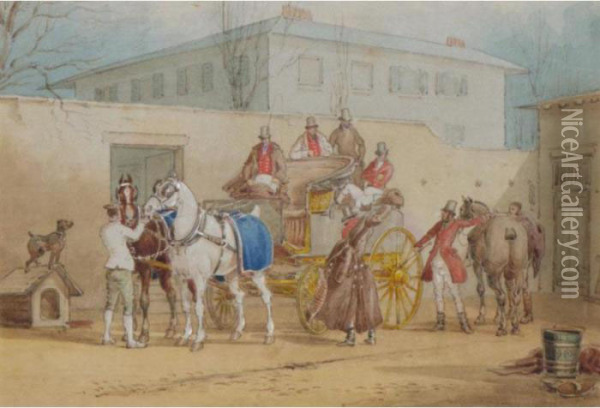 A Coach And Horses In A Stable Yard Oil Painting - Charles Cooper Henderson