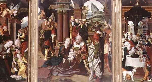 Triptych:The Adoration of the Magi (central panel), The Nativity (LH panel), The Presentation in the Temple (RH panel) Oil Painting - Follower of Pieter Coeck van Aelst