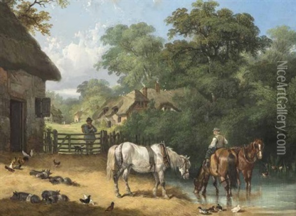 Farmyard Scene With Boy Watering Horses Oil Painting - Charles Shayer