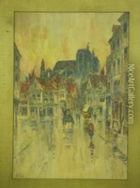 Street Scene On A Wet Day Oil Painting - Henry Woods