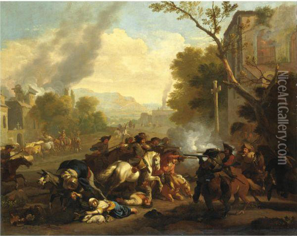 Scena Di Battaglia In Un Villaggio Oil Painting - Jan von Huchtenburgh