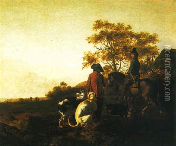 A Huntsman With His Servant And Hounds In A Landscape Oil Painting - Ludolf de Jongh