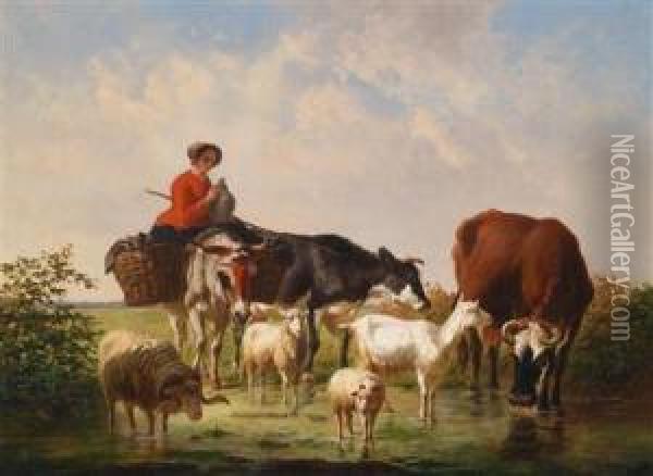 Shepherdessreturning Home With Her Flock Oil Painting - Edouard Woutermaertens