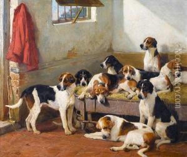 Hounds On A Bench In A Kennel Oil Painting - John Sargent Noble
